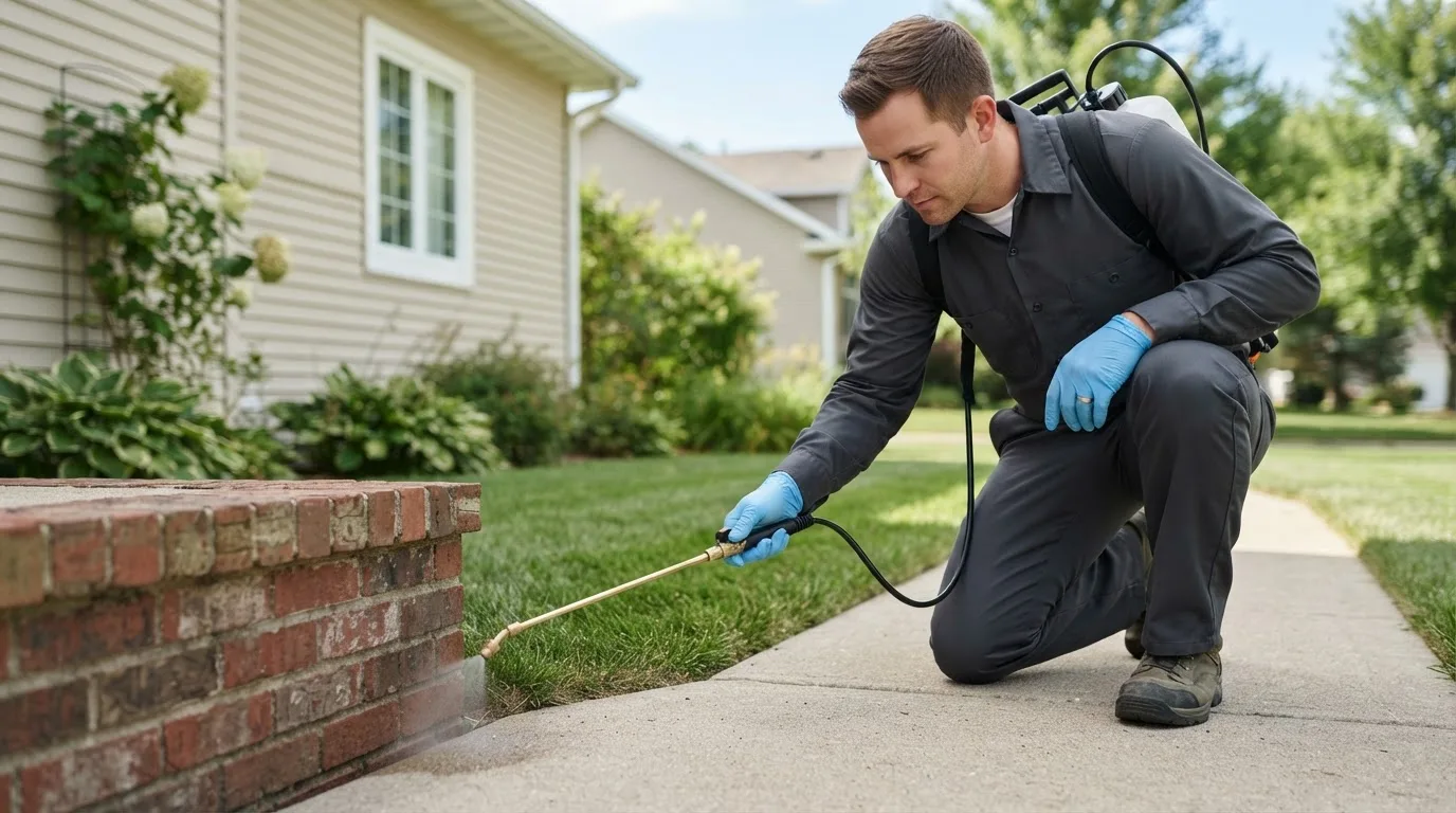 Pest control technician treating a home near Walled Lake, MI